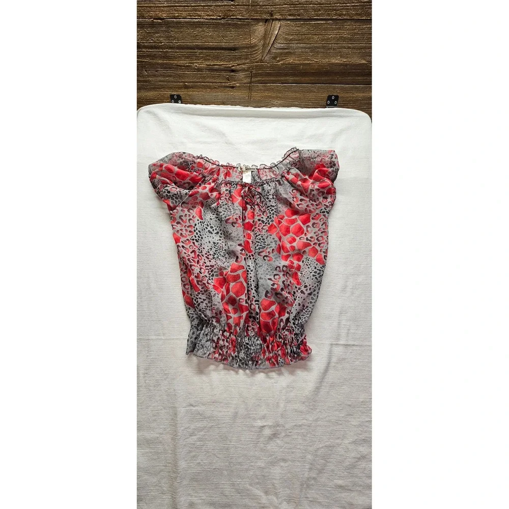 Sixteen Womens Red Grey Animal Print Smocked Hem Chiffon Blouse Medium - Picture 1 of 4